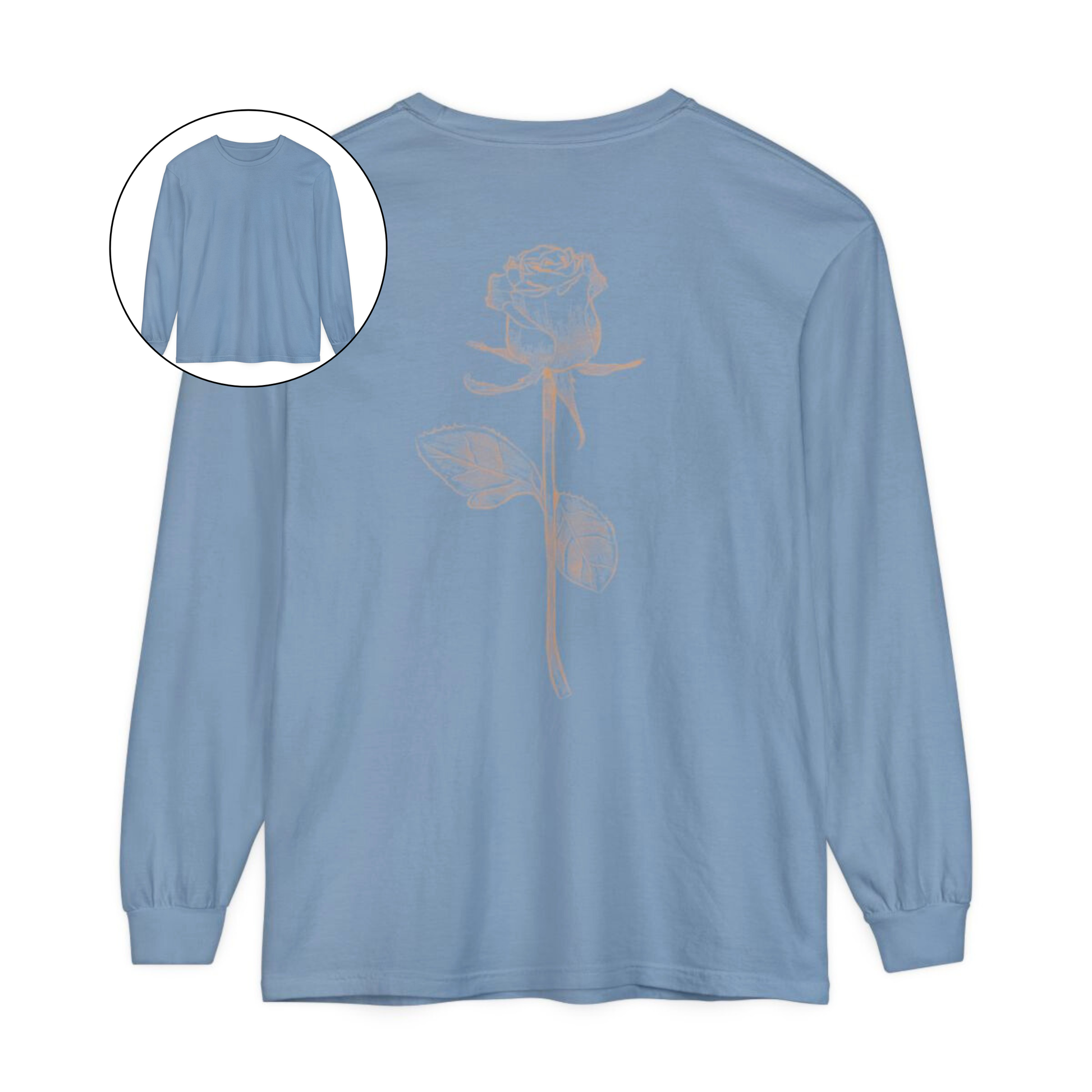 On the back of this custom women's long sleeve tee is a beige colored long stem rose that is the length of the shirt