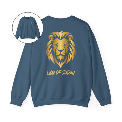 On the front of this custom Christian sweater is a gold Jesus cross on the front left chest, on the back of the pullover is a large gold male lion head with the words Lion of Judah in gold underneath the animal head.