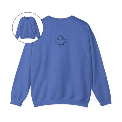 On the back of this custom Canadian pullover sweatshirt is a maple leaf that is right in between the shoulder blades, the front of the sweater is blank.
