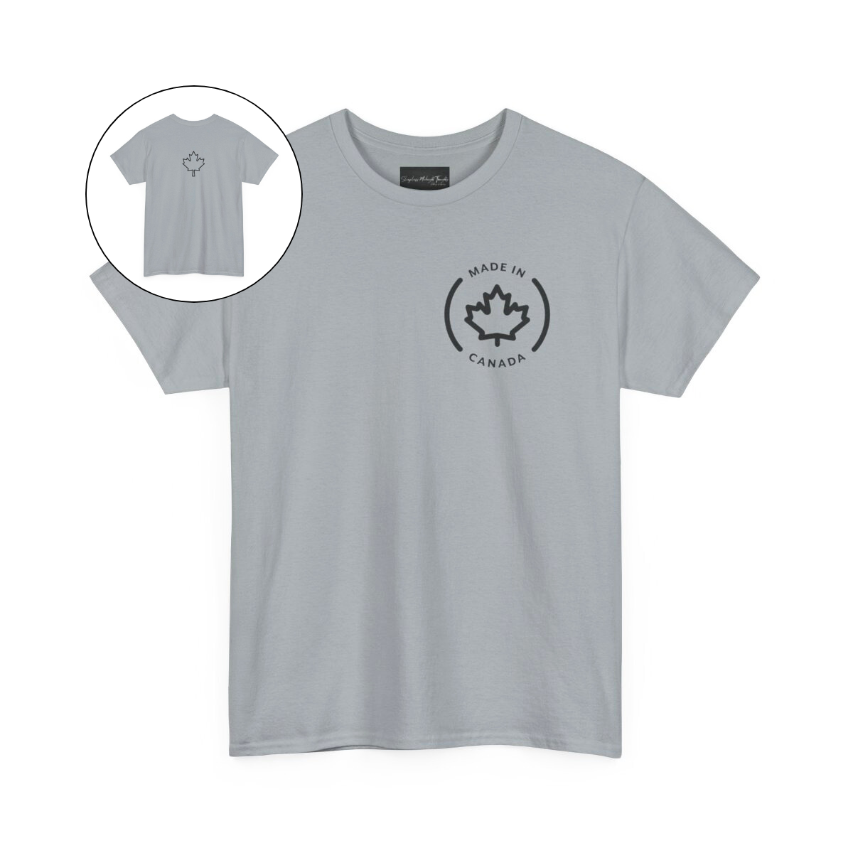 On the front of this custom short sleeve shirt is a circle on the upper left chest of the shirt with the words Made In Canada with a maple leaf in the middle, on the back of the shirt is a maple leaf right in between the shoulder blades.