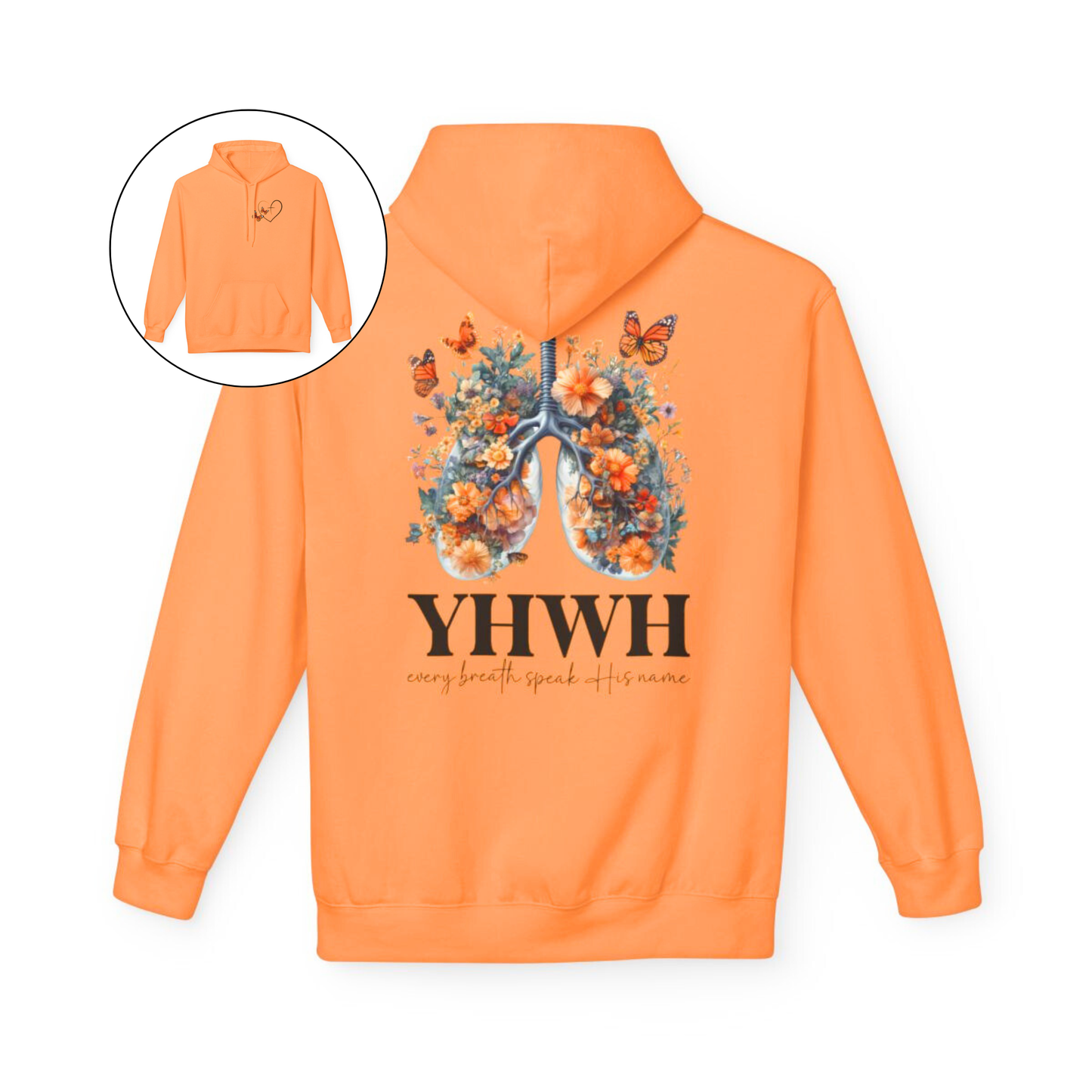 On the front of this custom women's Christian hoodie is a large heart that has a Jesus cross in the center of it, there are two butterflies around the heart. On the back of the sweater is an image of a pair of human lungs made from flowers and butterflies, under the image it says YHWH every breath speaks His name.