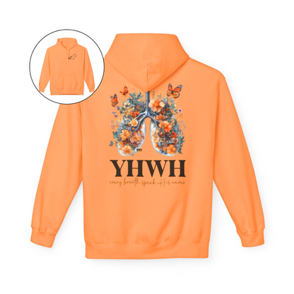 On the front of this custom women's Christian hoodie is a large heart that has a Jesus cross in the center of it, there are two butterflies around the heart. On the back of the sweater is an image of a pair of human lungs made from flowers and butterflies, under the image it says YHWH every breath speaks His name.
