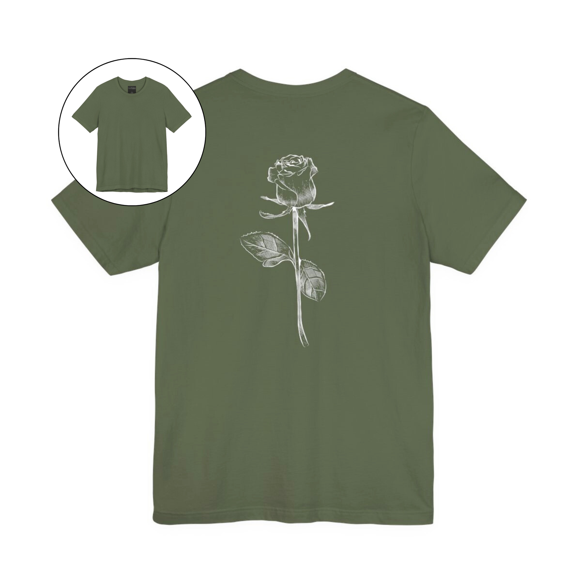 On the back of this custom women's short sleeve shirt is a large rose from the top to the bottom in the center of the back.