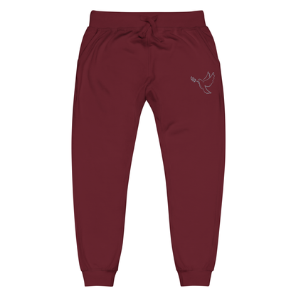 A pair of super soft ankle length unisex Christian sweatpants, there are two pockets on the front and one pocket on the back right, on the front left pocket  there is an embroidered dove with a fig leaf in silver thread.