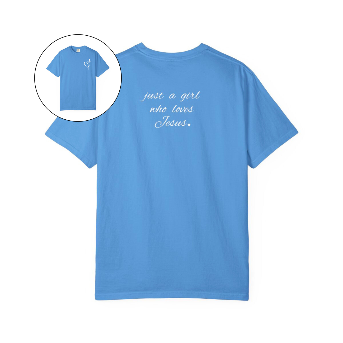 On the front of this custom women's Christian t-shirt is a heart with a cross through it, on the back top of the shirt right between the shoulder blades are the words just a girl who loves Jesus in a cursive writing.