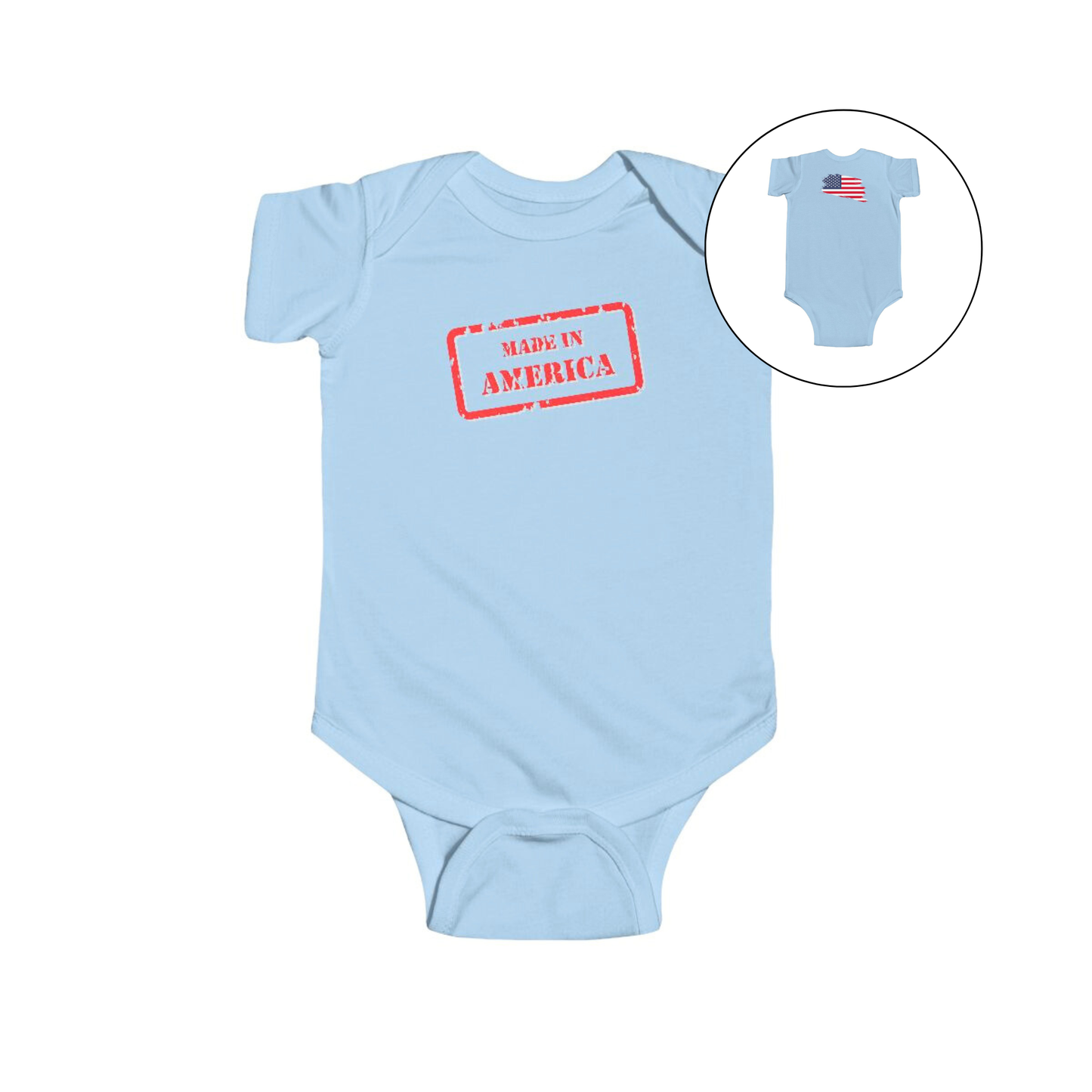 On the front of this custom baby onesie are the words Made In America in a rectangular box that makes it look like a stamp, on the back of this bodysuit is the American flag.