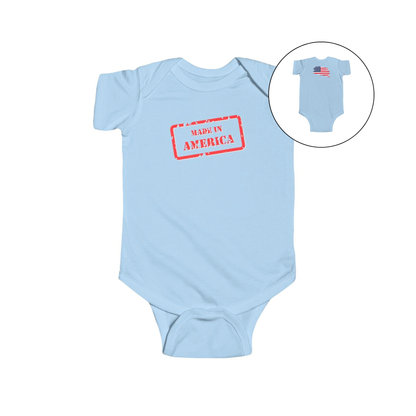 On the front of this custom baby onesie are the words Made In America in a rectangular box that makes it look like a stamp, on the back of this bodysuit is the American flag.