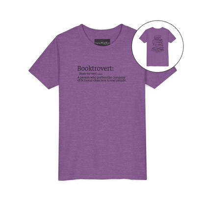 On the front of this custom youth t-shirt it says the word Booktrovert in large letter with the meaning of the words underneath it, on the back of the shirt is an image of a large stack of books.