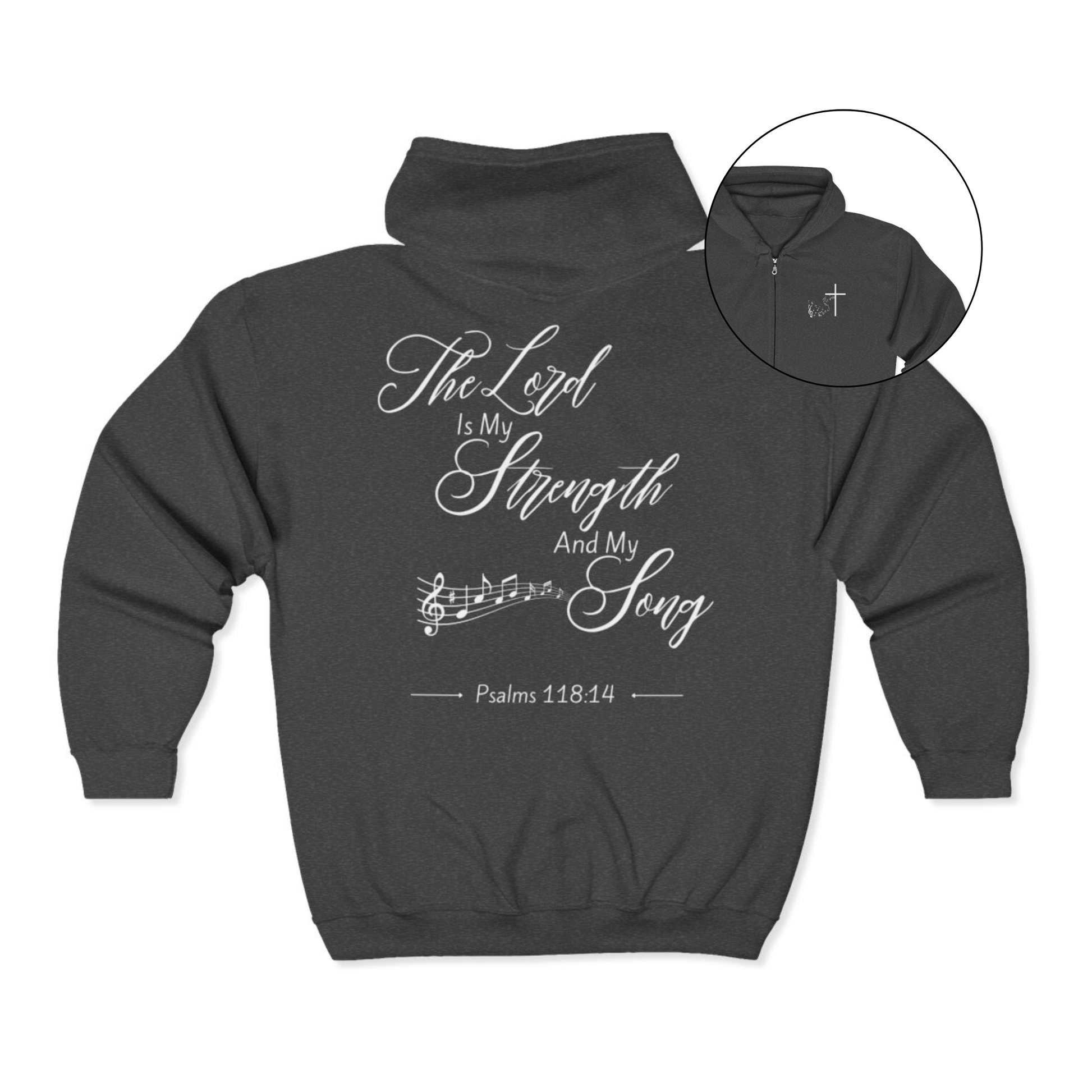 On the front of this custom Christian zip up sweater is a Jesus cross with music notes on the right chest, on the back of the sweater is the scripture the Lord is my strength and my song Psalms 118:14 with music notes underneath the writing.