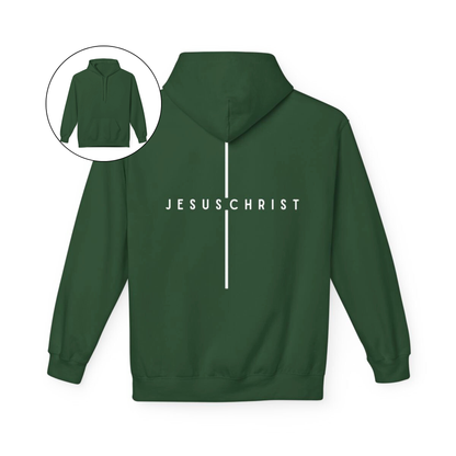 On the back of this custom Christian hoodie is the name Jesus Christ with a line above and below the name making it look like a cross.