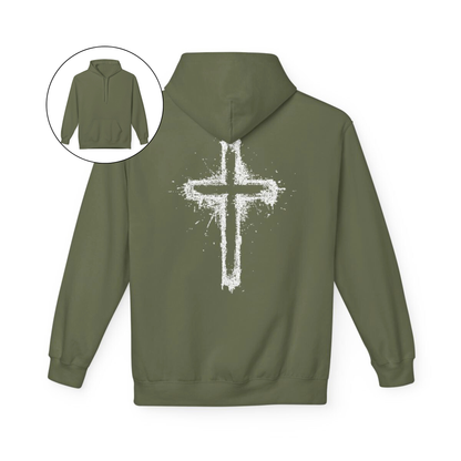 On the back of this Christian hoodie is a large spray painted Jesus cross that takes up the entire back of the sweater.