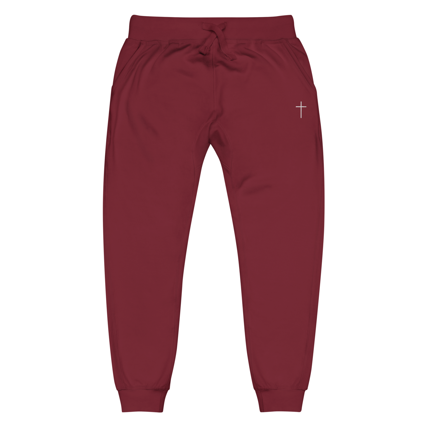 A pair of super soft ankle length Christian unisex sweatpants, there are two pockets on the front and one pocket on the back right, on the front left pocket is a embroidered white cross.
