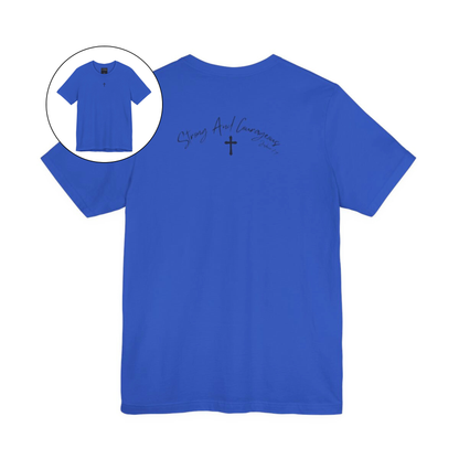 On the front center of this Christian shirt is a small Jesus cross, on the back of the is short sleeve tee is the scripture Strong and Courageous Joshua 1:9