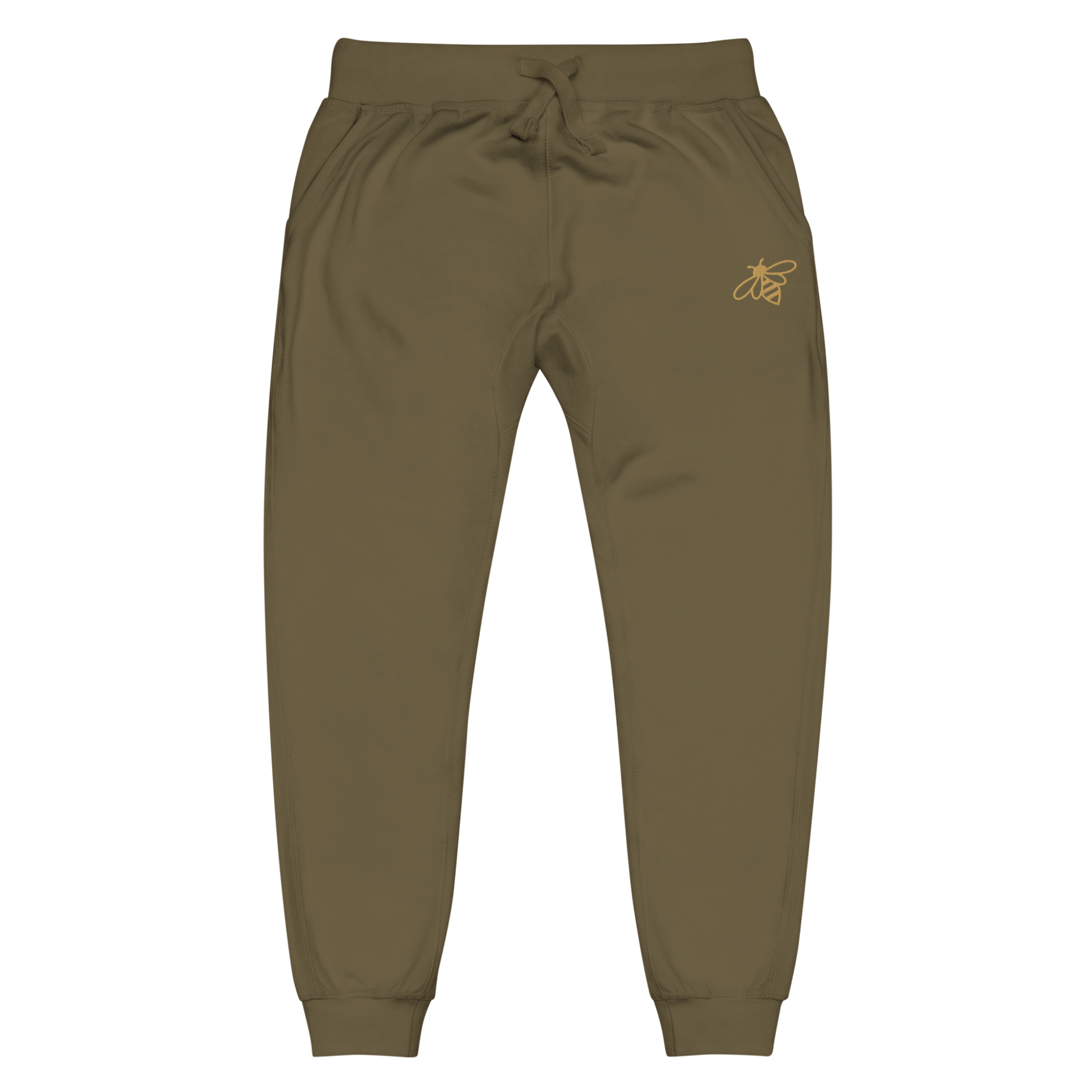 A pair of super soft fleece unisex sweatpants with a bumble bee embroidered in gold over the left front pocket of the pants.