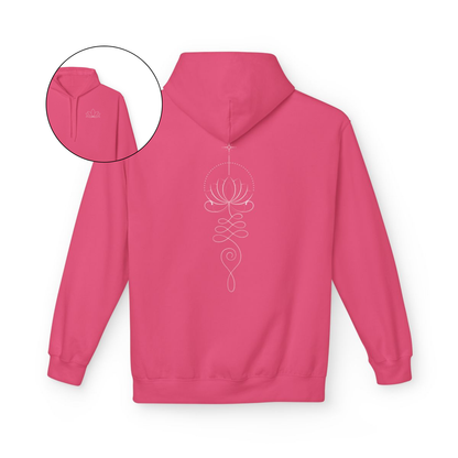 On the back of this custom women's hoodie is a unalome design with a lotus flower in the center of it, the design takes up the entire back of the hoodie from the top to the bottom, on the from of the hoodie, over the left chest is a image of a lotus flower.