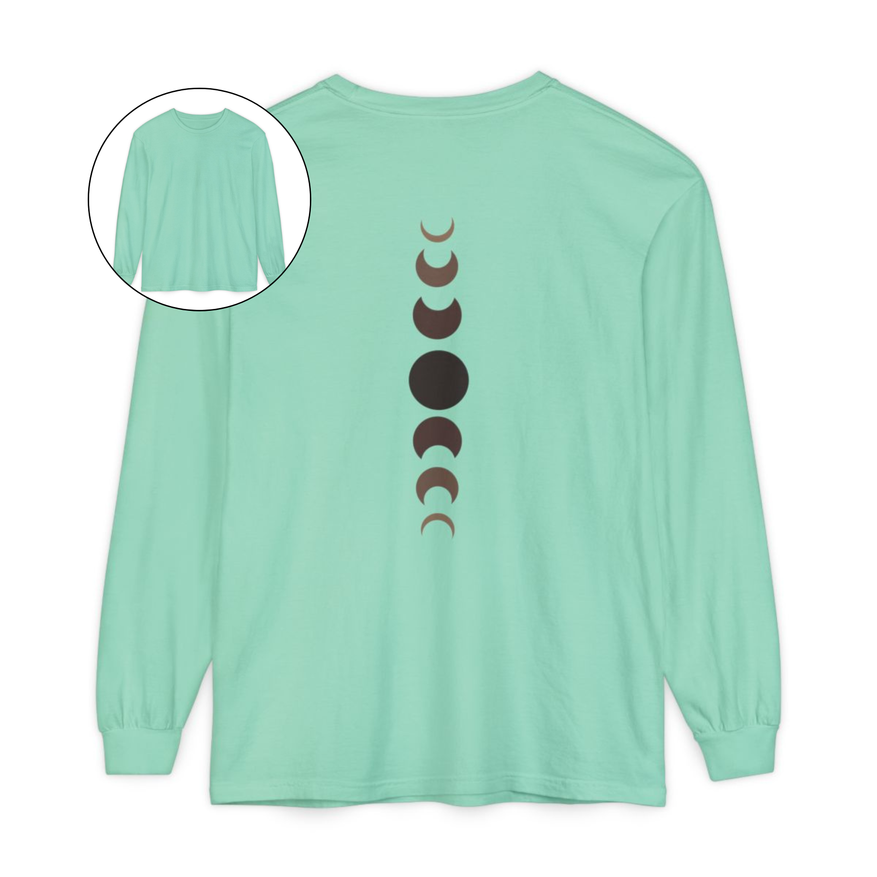 On the back of this custom unisex long sleeve t-shirt from the top of the shirt to the bottom are 7 images of the moon showing the moons cycle, every moon is a different shade of brown.