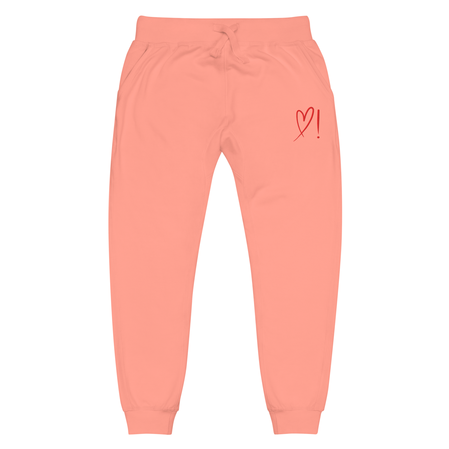 A pair of super soft ankle length unisex sweatpants, there are two pockets on the front and one pocket on the back right. There is a red heart with an exclamation point next to it embroidered on the front left pocket.