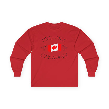 On the front of this Canadian made unisex custom long sleeve t-shirt are the words Proudly Canadian in large font with an image of a Canadian flag in the center, there are two Canadian geese on either side of the flag.