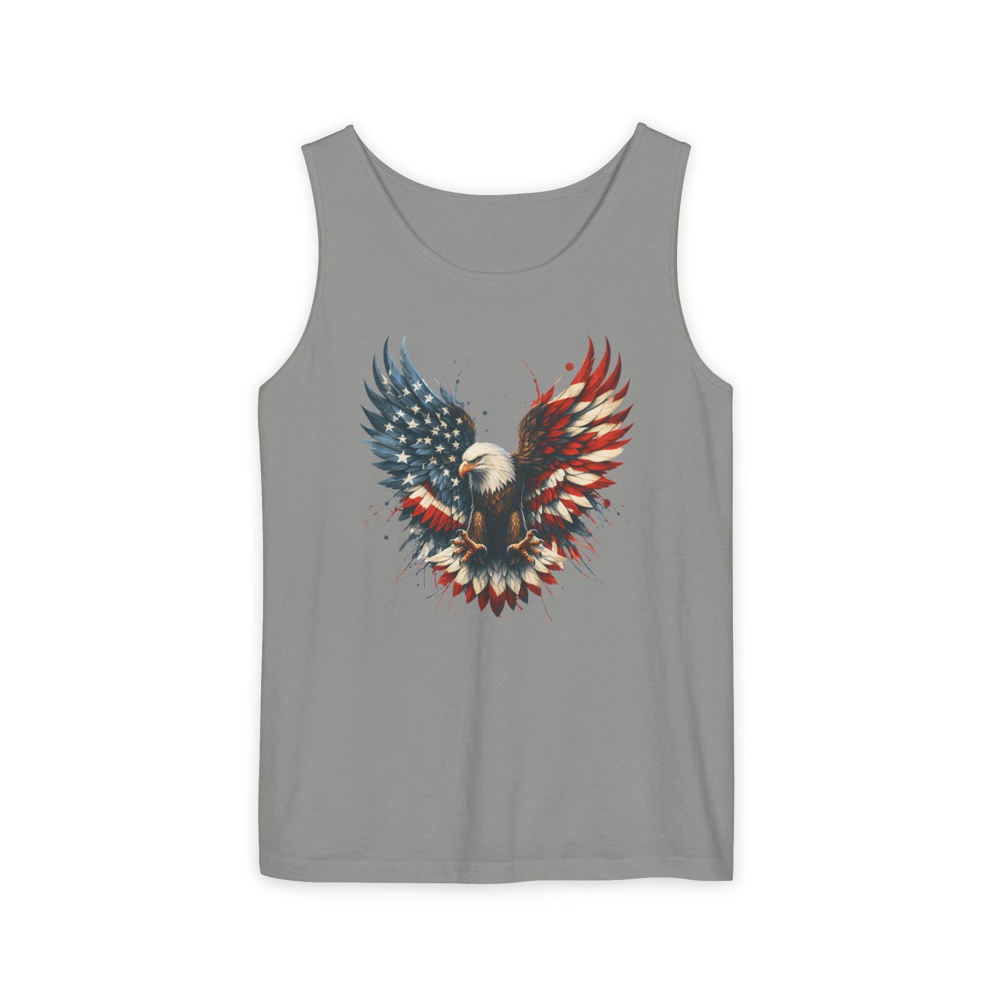On the front of this unisex tank top is an image of an American Bald Eagle with it's wings out, the feathers of the bald eagle are the colors of the American flag being red, white and blue, there are also stars on one side of the eagle’s wings.