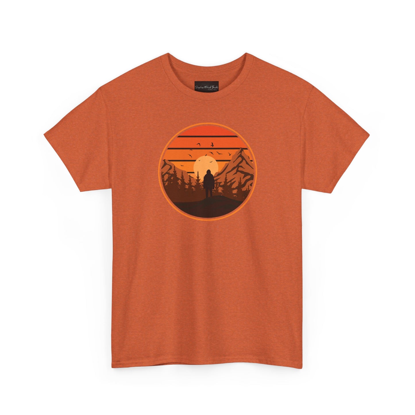 On the front of this custom tee is a large circle on the center of the chest that has an image of bigfoot right in the middle, there is a sun setting with mountain ranges and pine trees in the background.