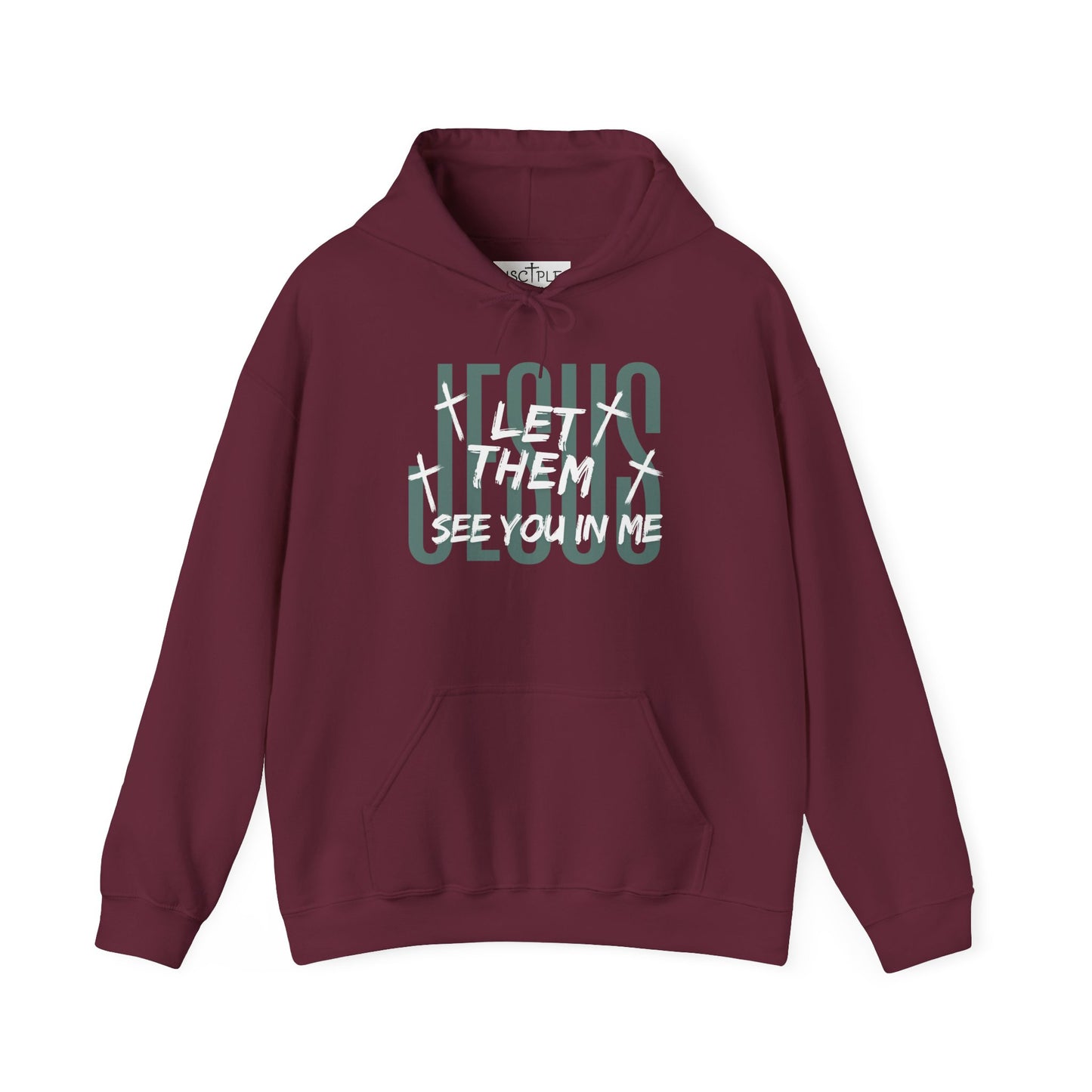 On the front of this custom Christian hoodie it says Jesus in large letters with the words Let them see you in me overlayed overtop of Jesus, there are crosses around the wording.