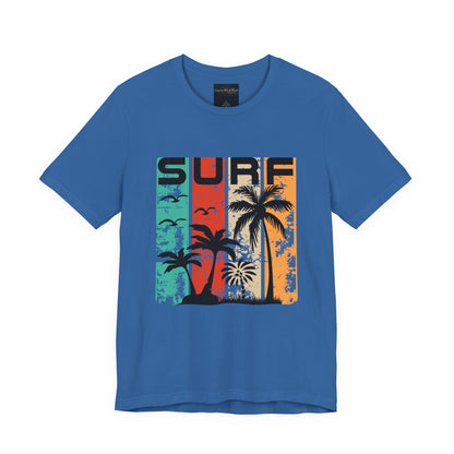 On the front of this custom vacation shirt is the word SURF in large letters at the top of the shirt, each letter has a different colored line through it to the bottom, there are images of palm trees and birds flying underneath the word.