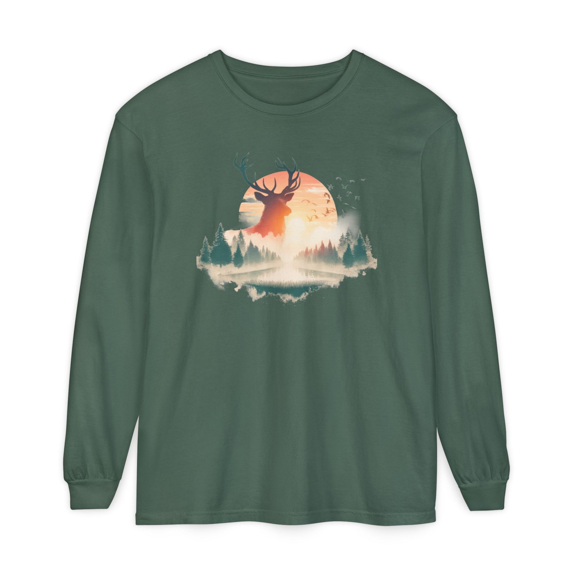 On the front of this custom unisex long sleeve shirt is beautiful landscape at dawn, there is a river in the middle with pine trees on either side, the sun is setting in the background with a large elk in the distance standing in front of the sun.