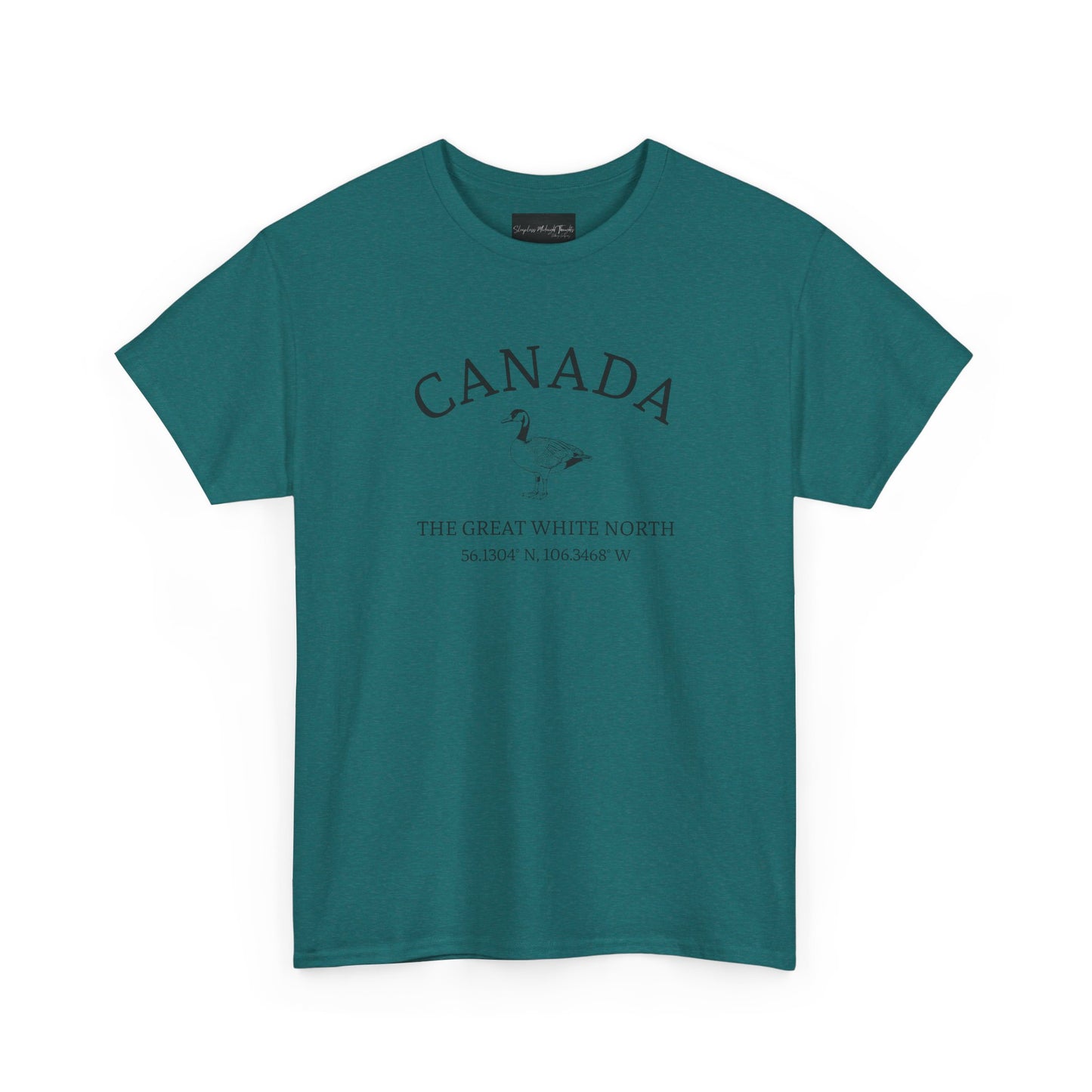 On the front of this patriotic short sleeve shirt is an image of a Canadian Goose with the word Canada above it in a half circle, the words "The Great White North" are underneath the image with Canada's coordinates underneath that.