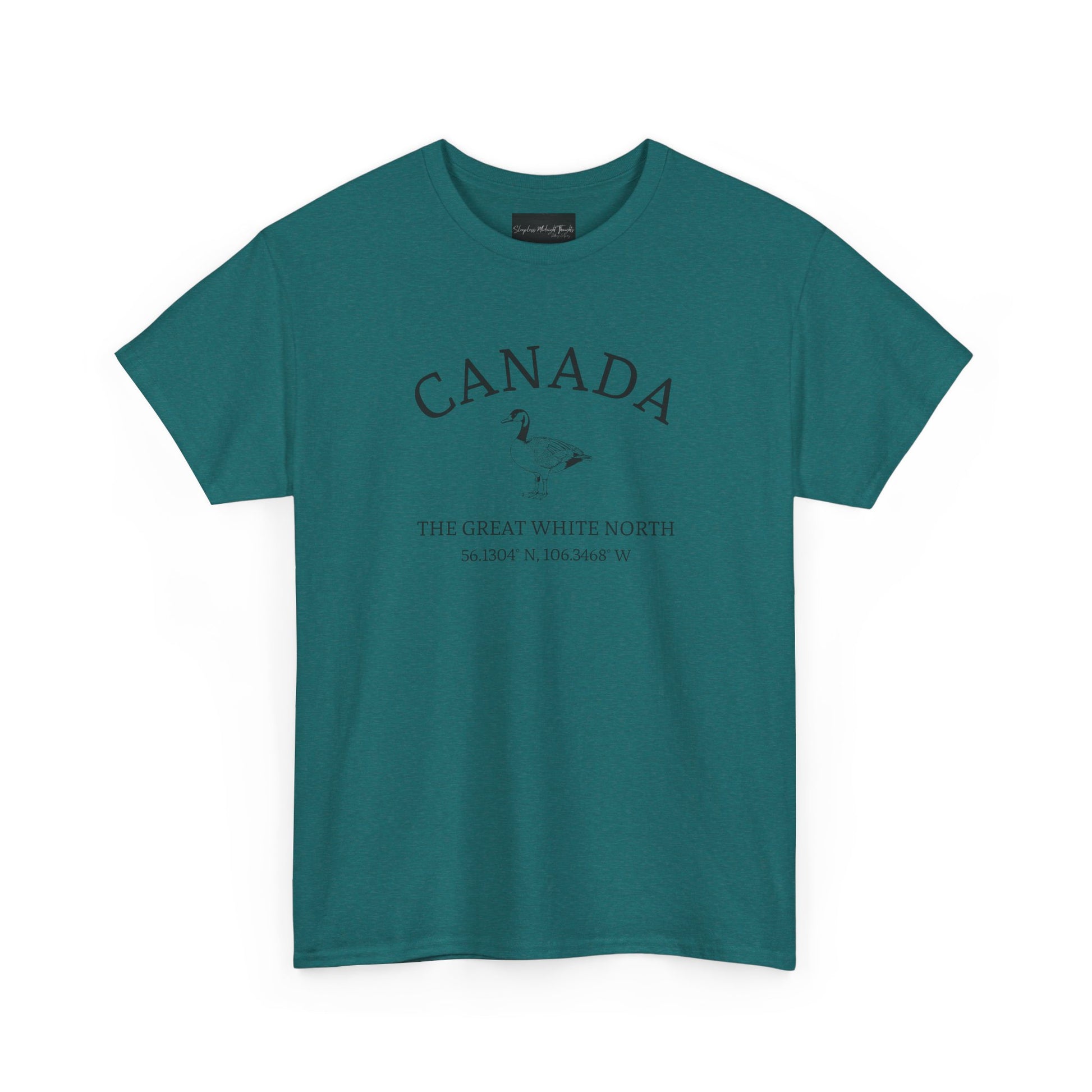On the front of this patriotic short sleeve shirt is an image of a Canadian Goose with the word Canada above it in a half circle, the words "The Great White North" are underneath the image with Canada's coordinates underneath that.