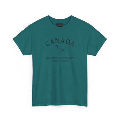 On the front of this patriotic short sleeve shirt is an image of a Canadian Goose with the word Canada above it in a half circle, the words "The Great White North" are underneath the image with Canada's coordinates underneath that.