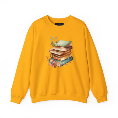 On the front of this custom book lovers sweatshirt is a stack of vintage books with a bunch of wildflowers all around the books.