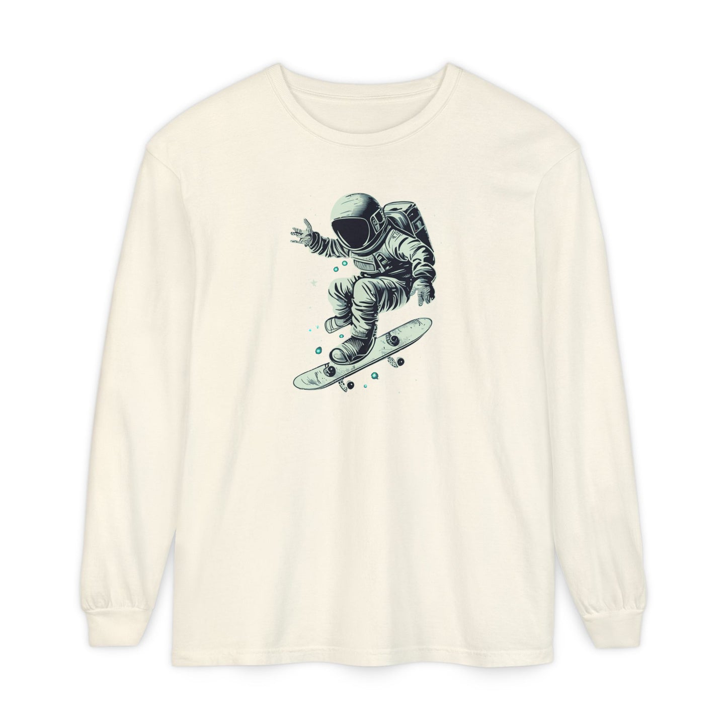 On the front of this custom unisex long sleeve shirt is an image of an astronaut riding a skateboard, there are a bunch of stars around the astronaut.