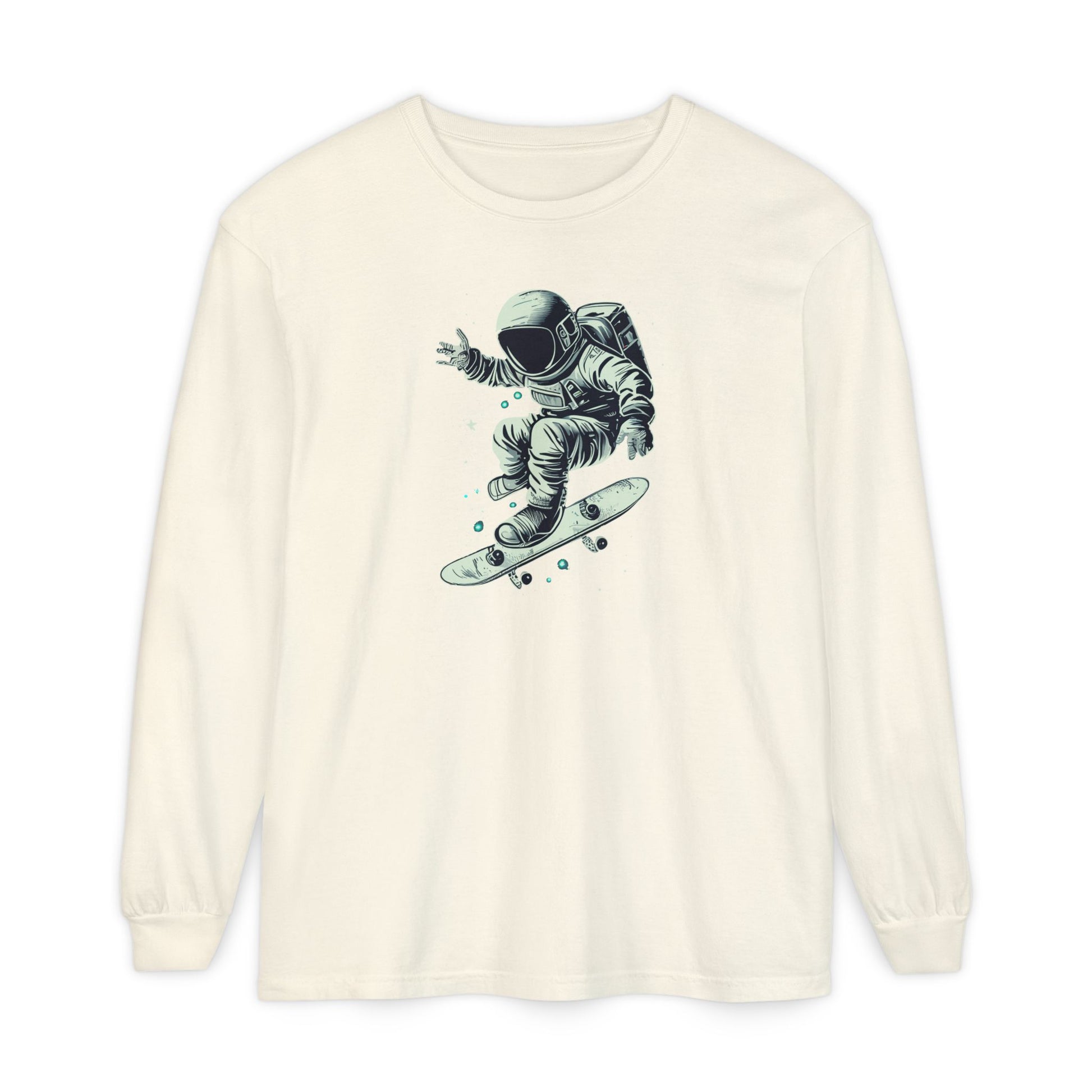 On the front of this custom unisex long sleeve shirt is an image of an astronaut riding a skateboard, there are a bunch of stars around the astronaut.