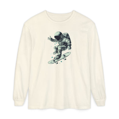 On the front of this custom unisex long sleeve shirt is an image of an astronaut riding a skateboard, there are a bunch of stars around the astronaut.