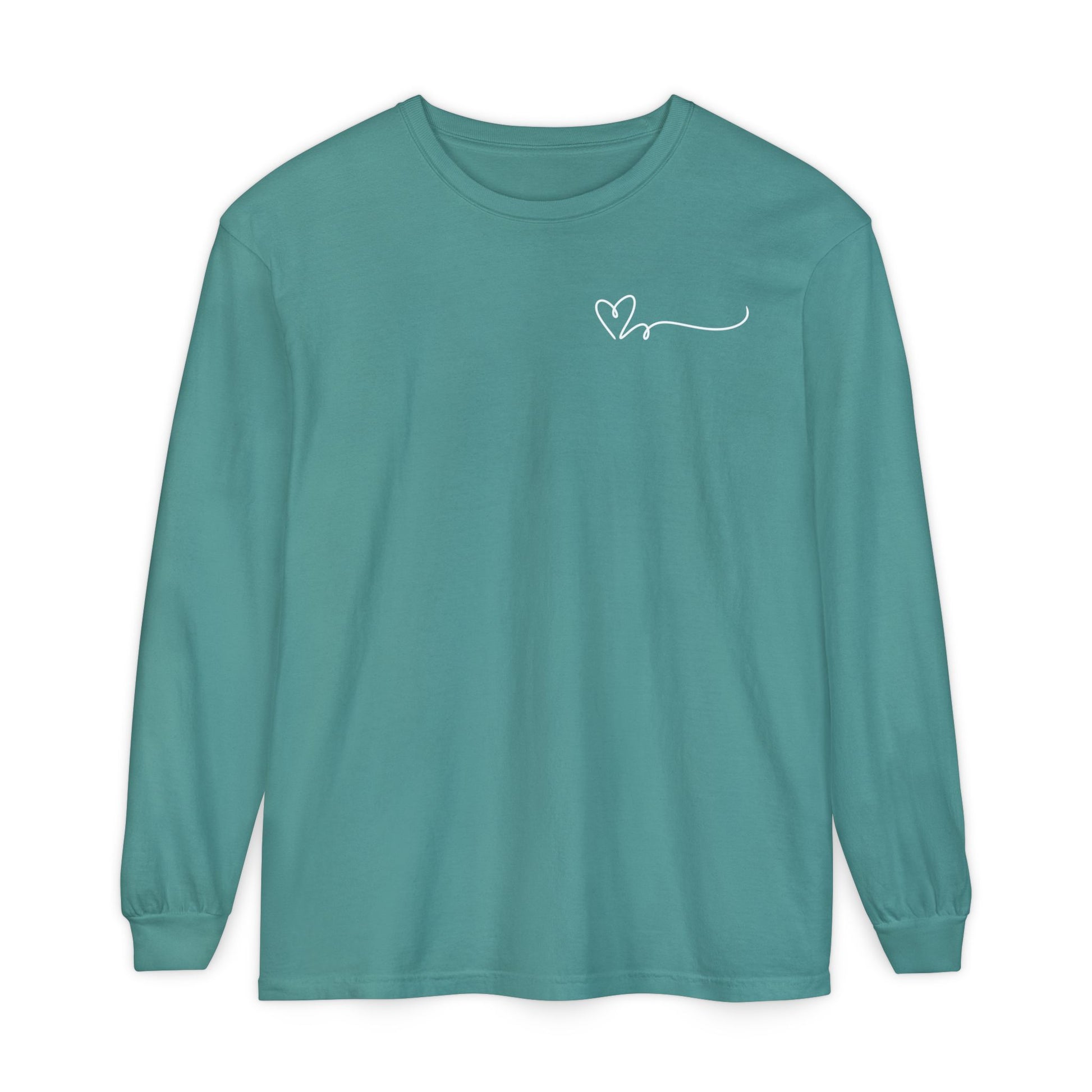 On the top right chest of this custom long sleeve t-shirt is a heart with a trail behind it signifying a heartbeat that you would see on a heart monitor. Perfect for health care workers and teachers.