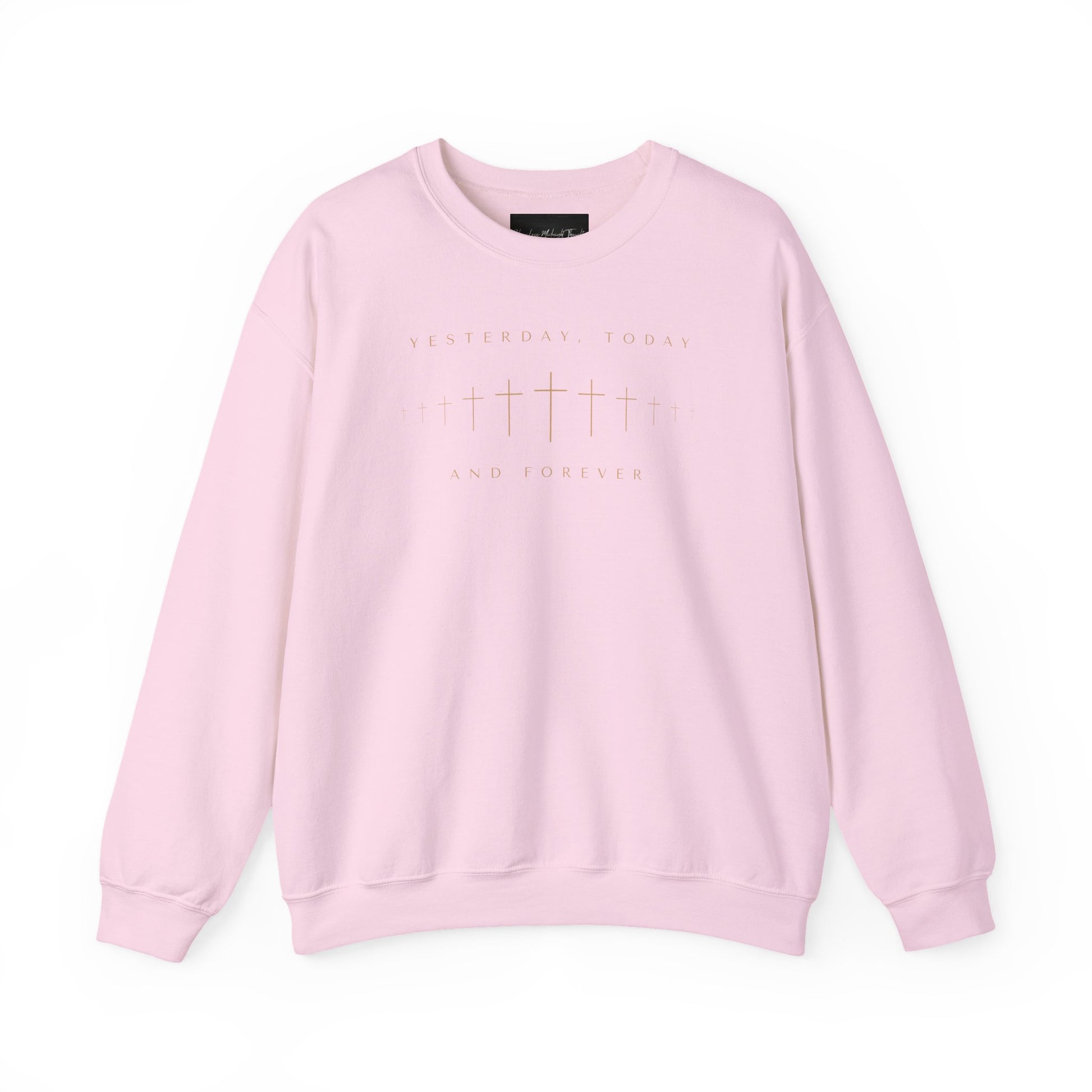 On the front of this Christian pullover sweatshirt is a row of Jesus crosses that look like they are fading into the distance, the words Yesterday, Today and Forever are on the top and the bottom of the crosses.