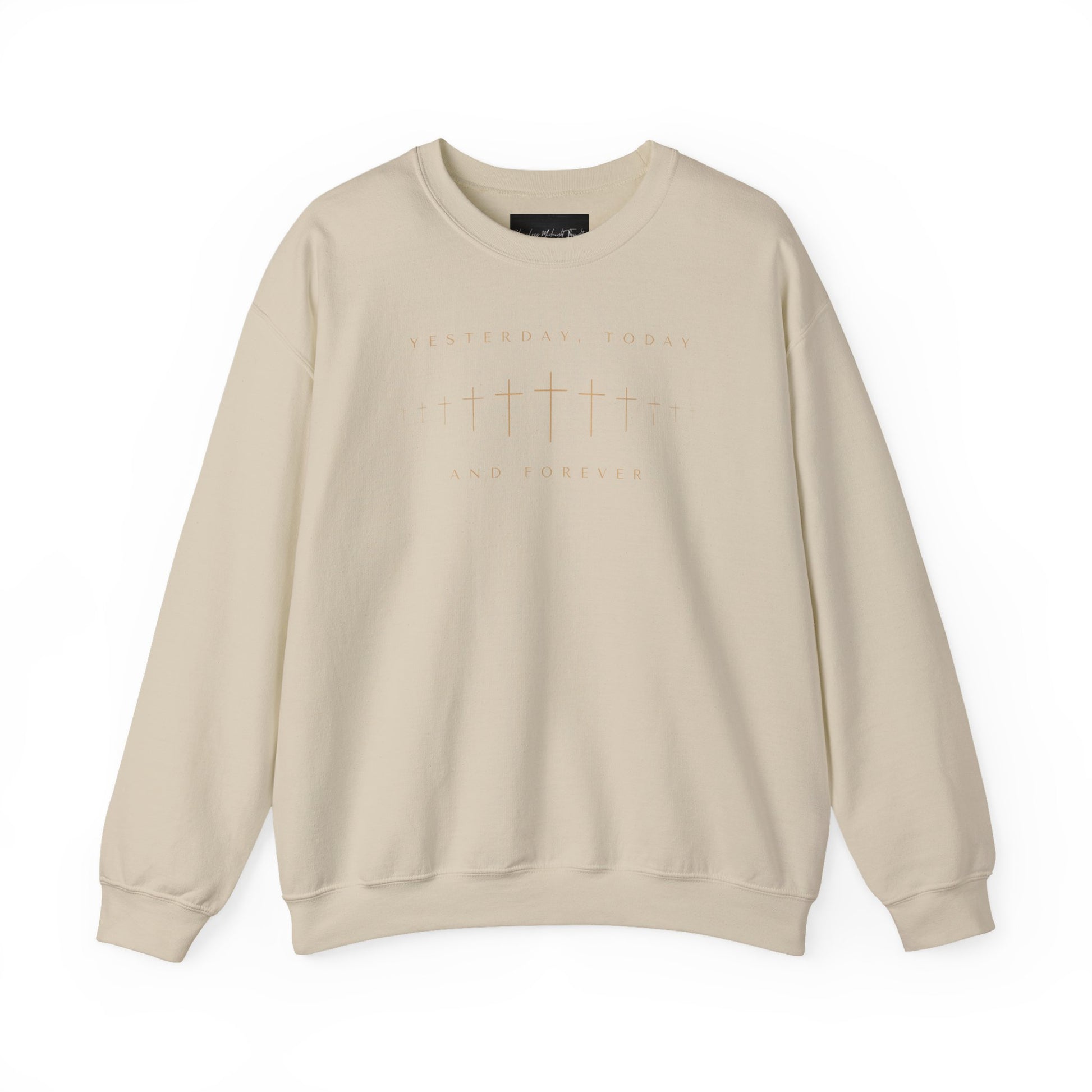 On the front of this Christian pullover sweatshirt is a row of Jesus crosses that look like they are fading into the distance, the words Yesterday, Today and Forever are on the top and the bottom of the crosses.