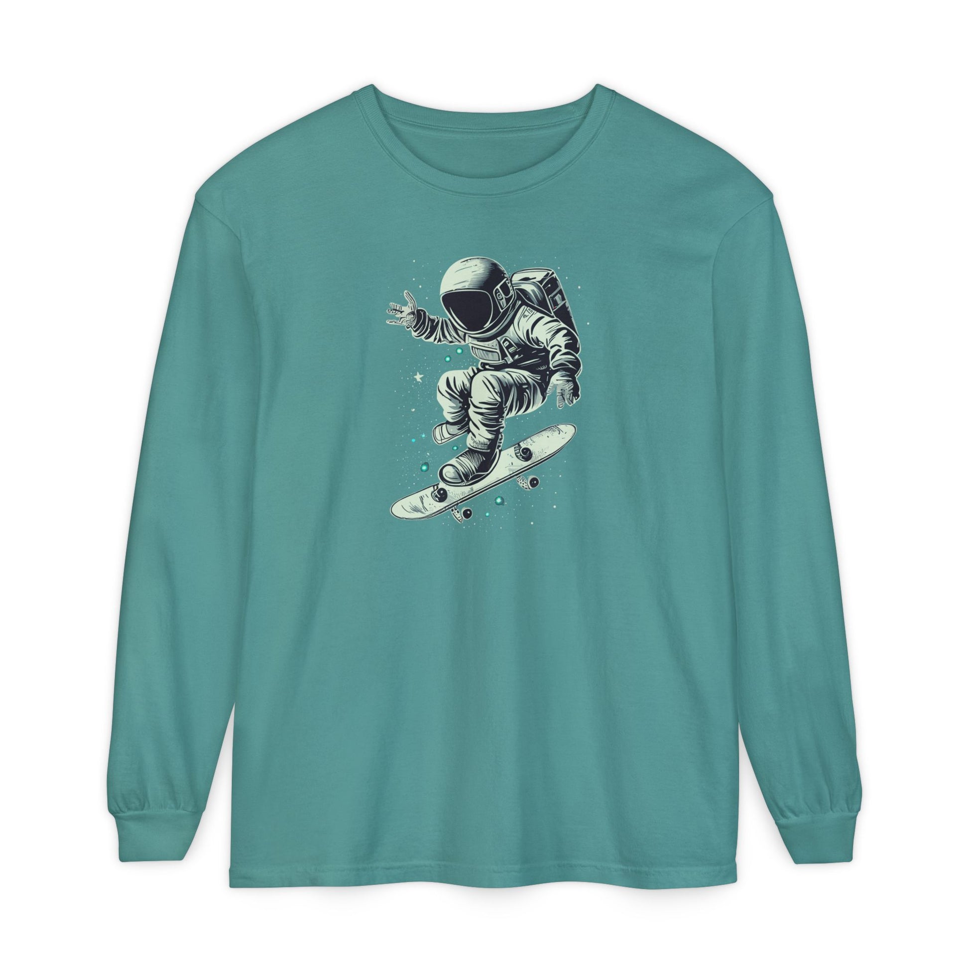 On the front of this custom unisex long sleeve shirt is an image of an astronaut riding a skateboard, there are a bunch of stars around the astronaut.