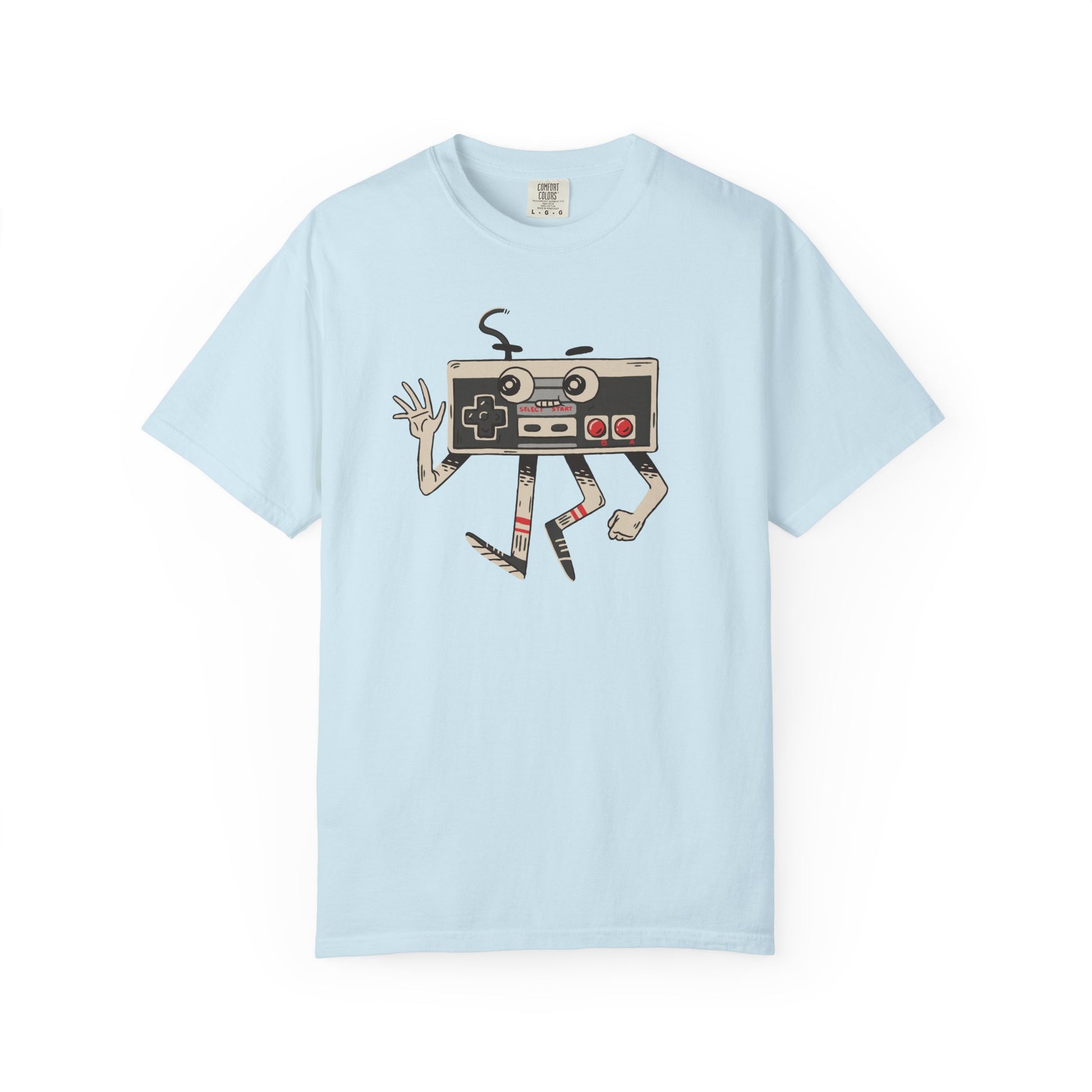 On the front of this custom vintage gaming short sleeve shirt is an image of a old school Nintendo controller, the controller has arms and legs and a face that makes it look like a cartoon character.