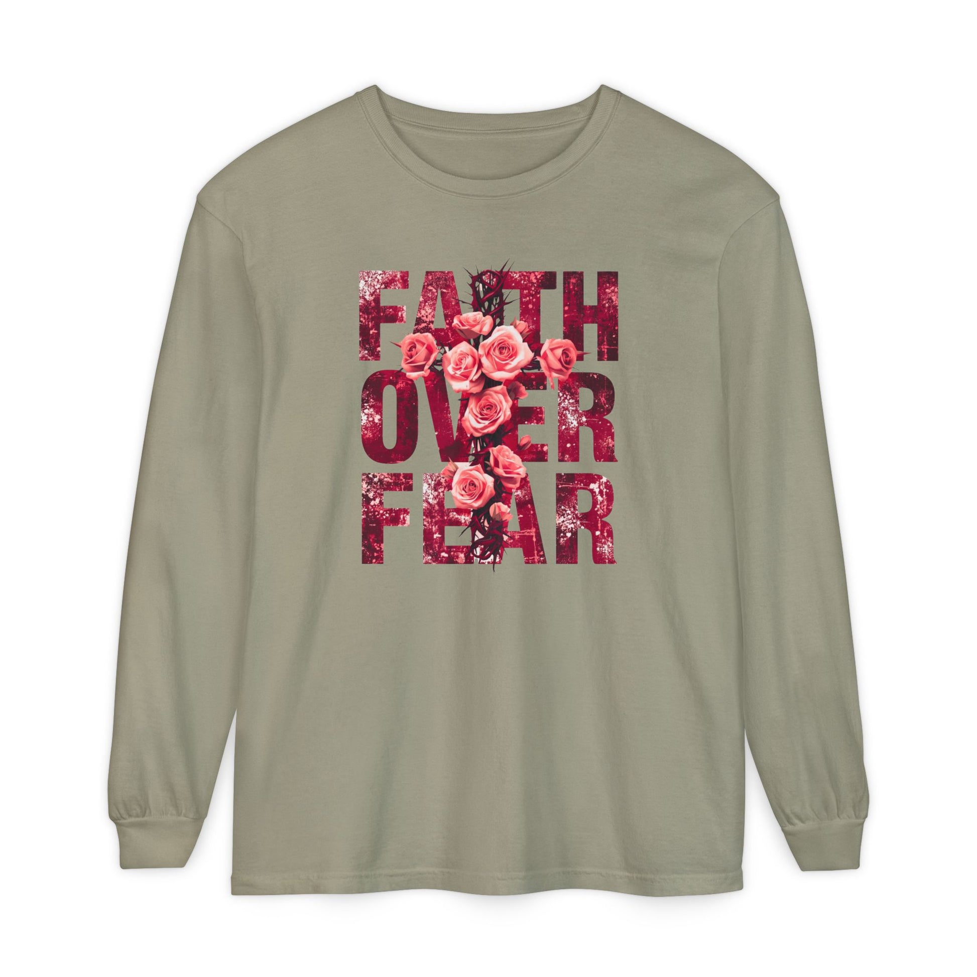 On the front of this Christian vintage long sleeve shirt are the words Faith Over Fear in large block letters with a cross made of thorns in the middle that is covered in roses.