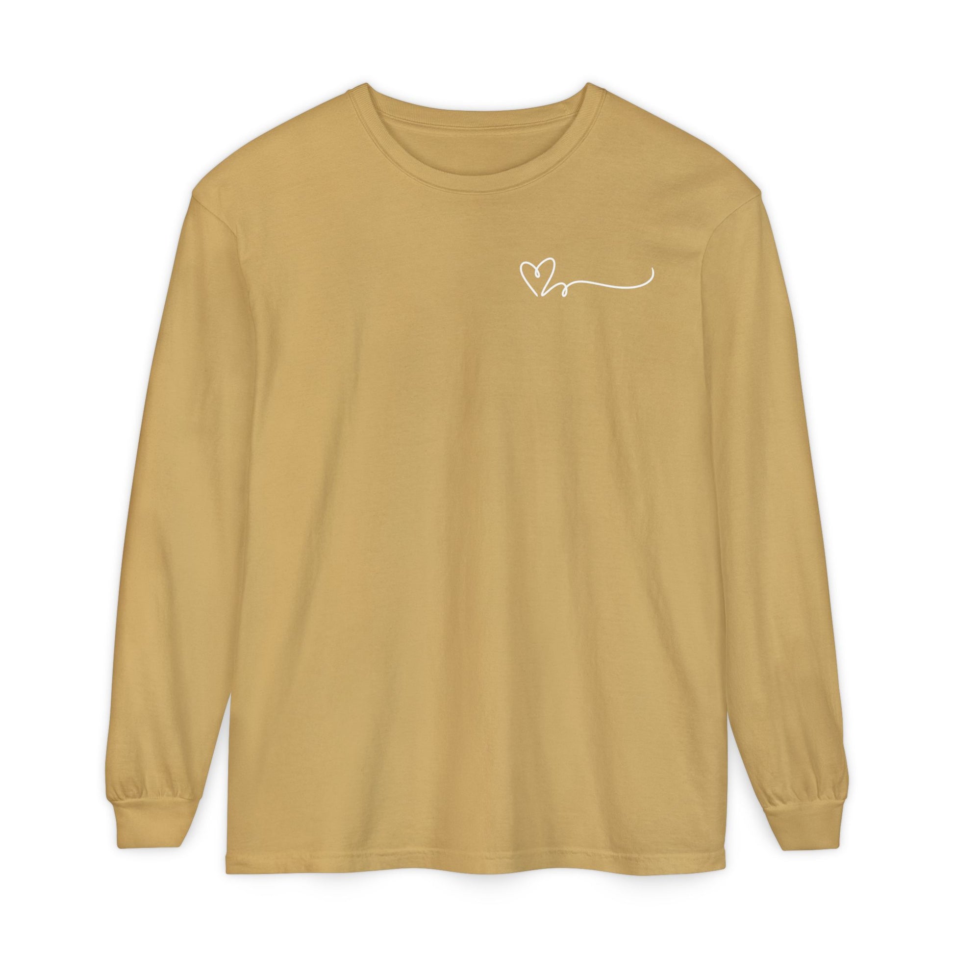 On the top right chest of this custom long sleeve t-shirt is a heart with a trail behind it signifying a heartbeat that you would see on a heart monitor. Perfect for health care workers and teachers.