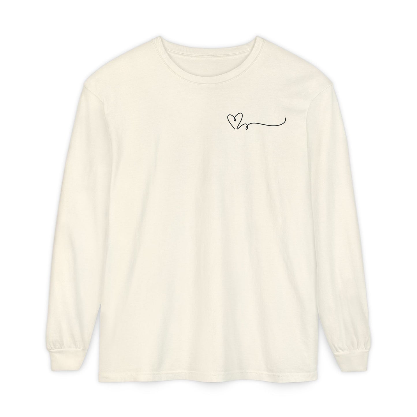 On the top right chest of this custom long sleeve t-shirt is a heart with a trail behind it signifying a heartbeat that you would see on a heart monitor. Perfect for health care workers and teachers.