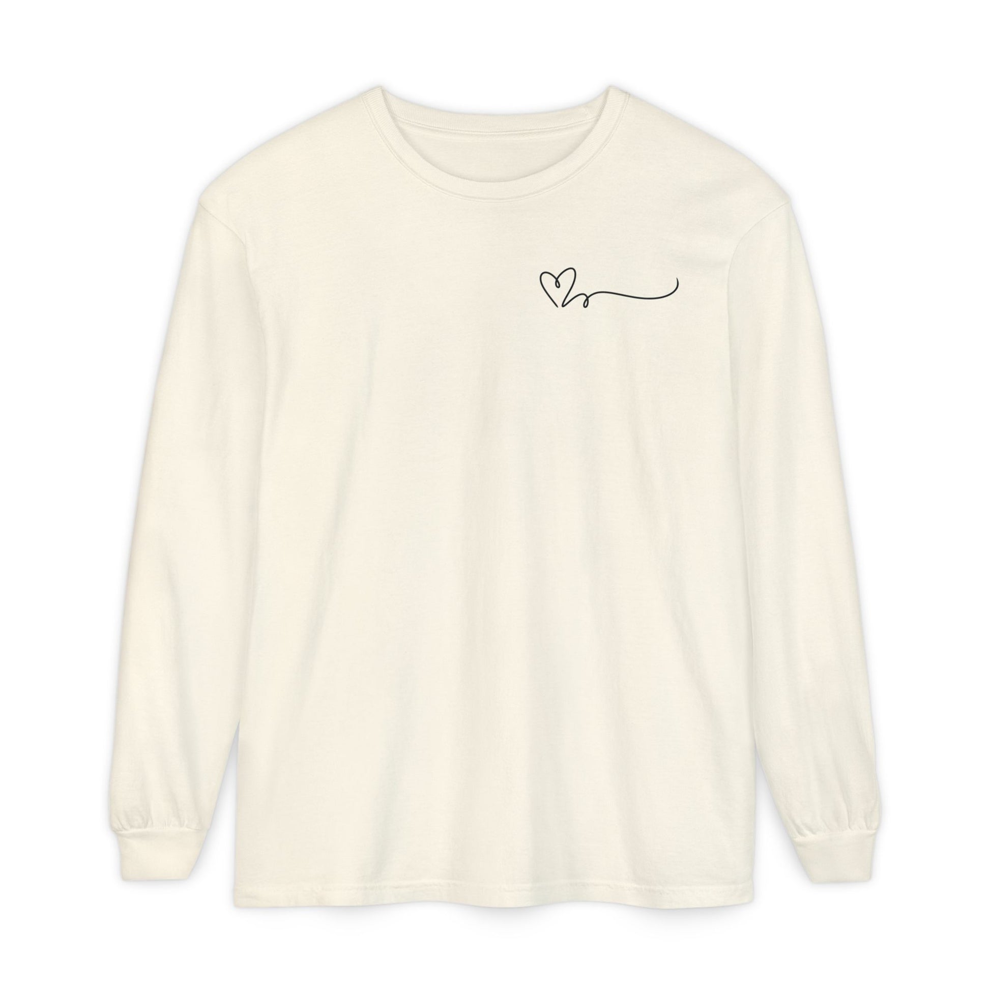 On the top right chest of this custom long sleeve t-shirt is a heart with a trail behind it signifying a heartbeat that you would see on a heart monitor. Perfect for health care workers and teachers.