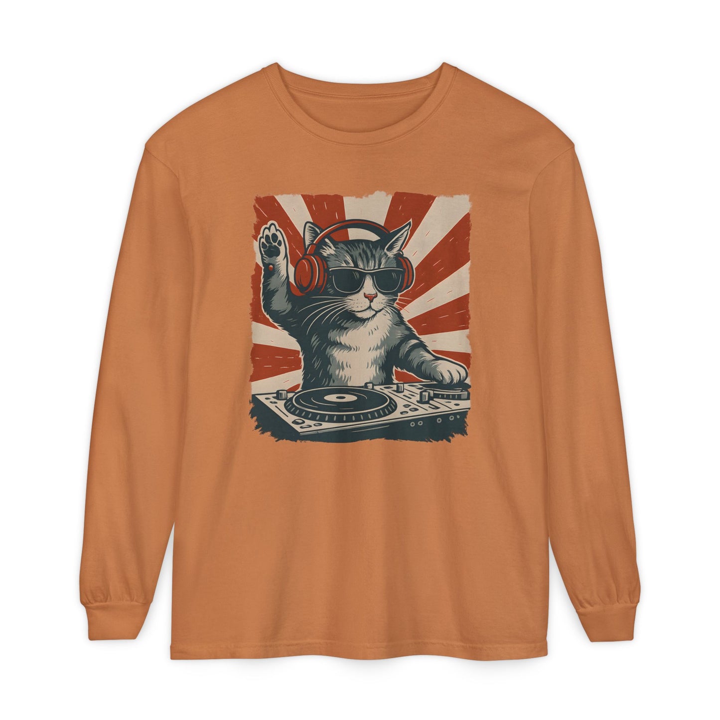 On the front of this custom retro long sleeve shirt is a DJ playing music, except the DJ is a cat that is wearing headphones, there is a vintage red and ivory background behind the cat.