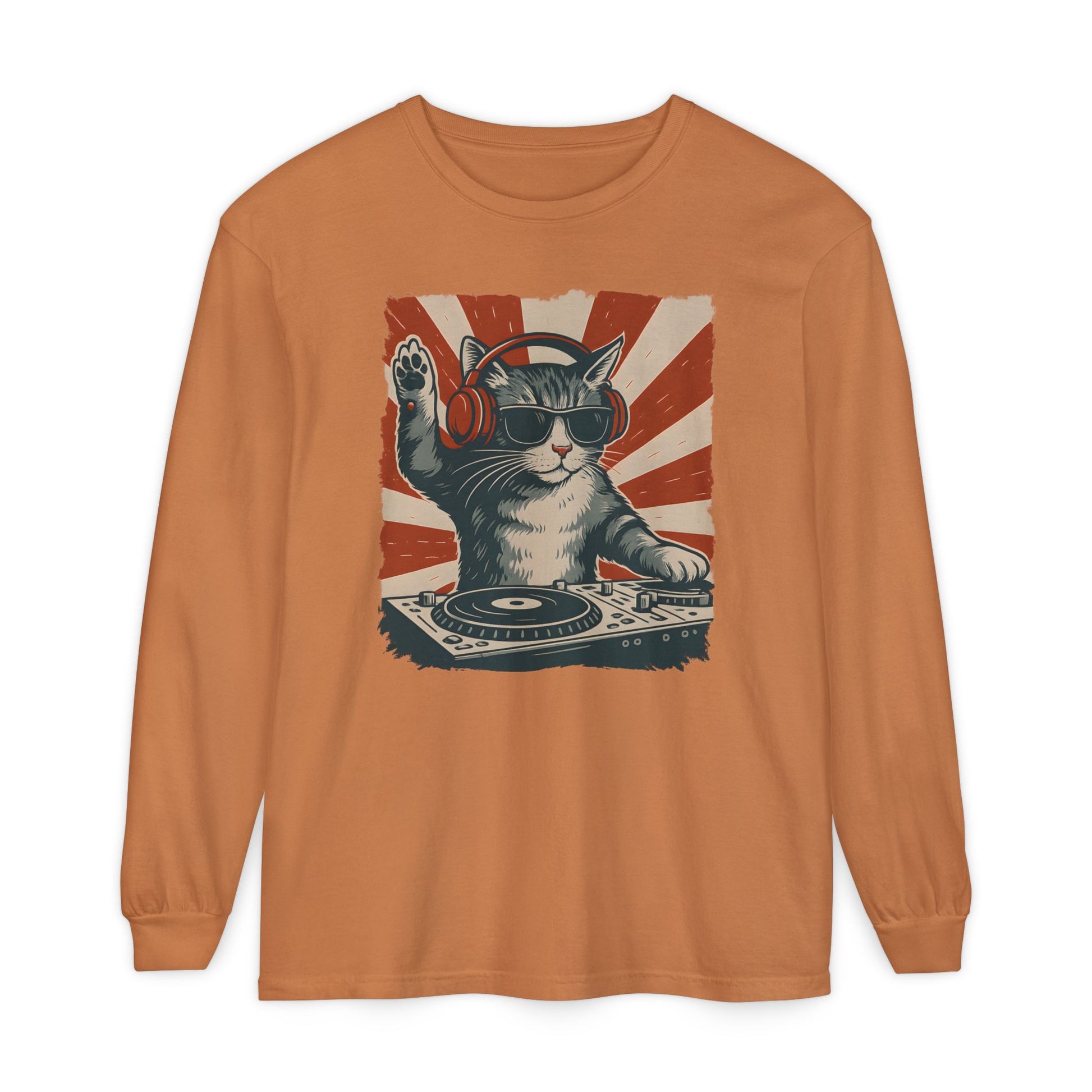 On the front of this custom retro long sleeve shirt is a DJ playing music, except the DJ is a cat that is wearing headphones, there is a vintage red and ivory background behind the cat.