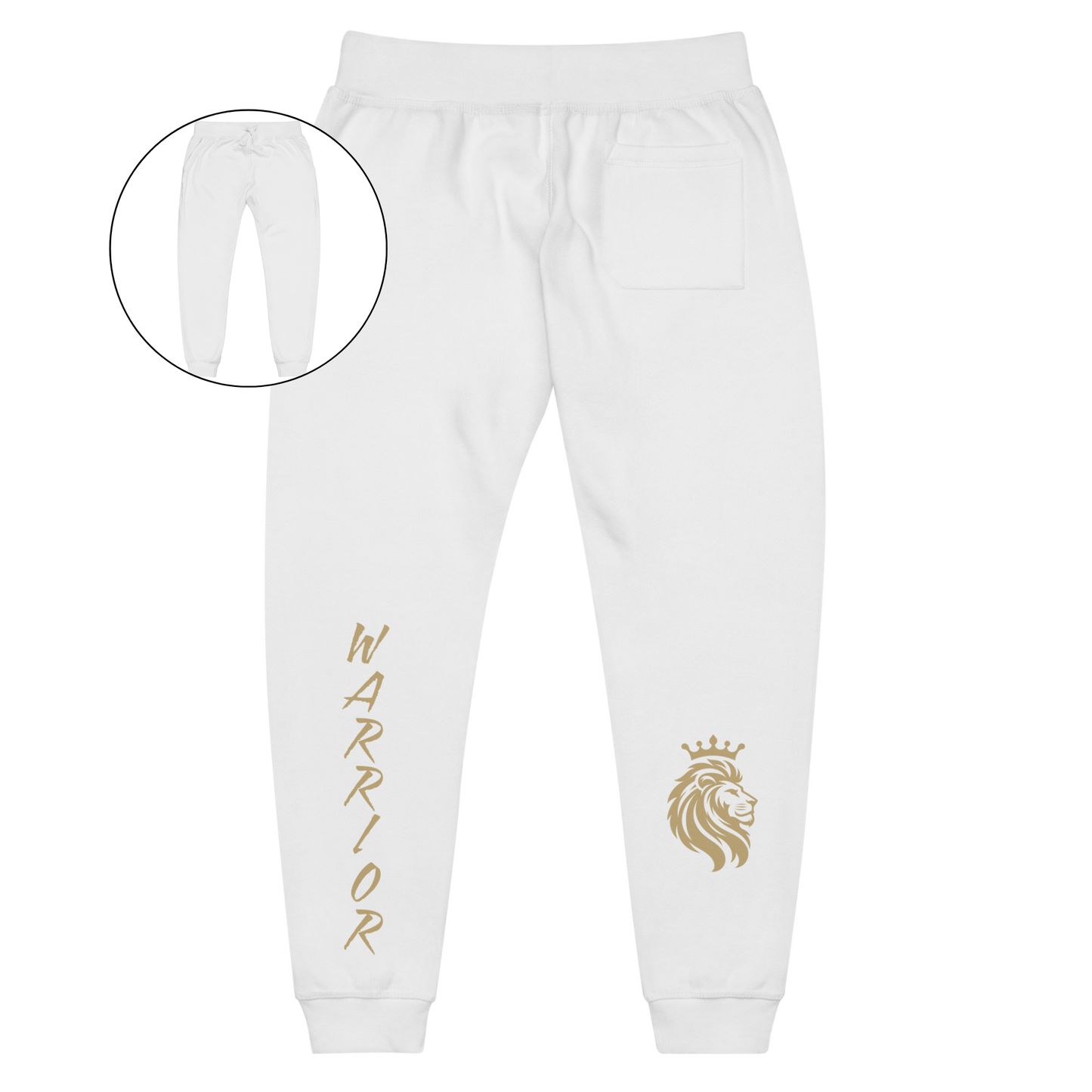 A pair of super soft ankle length unisex sweatpants, there are two pockets on the front and one pocket on the back right, the word warrior is in gold on the back left leg from the knee down and a male lion with a crown on the other