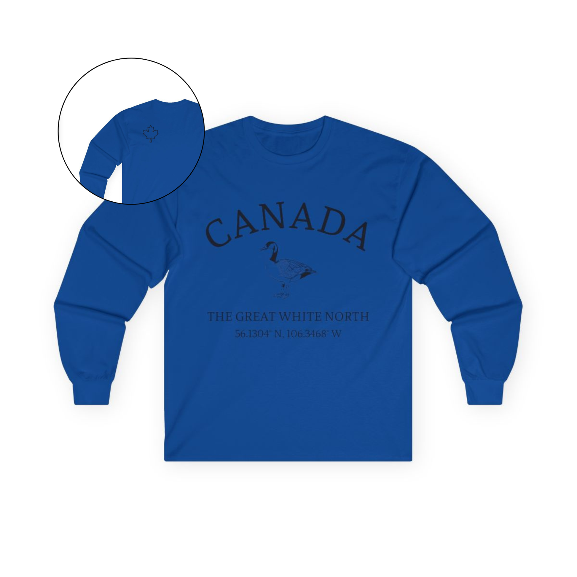 This custom Canadian made unisex long sleeve t-shirt features a Canadian goose on the front in the center of the shirt with the words 'Canada'  above it and 'The Great White North' under the goose, on the back left shoulder blade of the long sleeve shirt is a maple leaf.