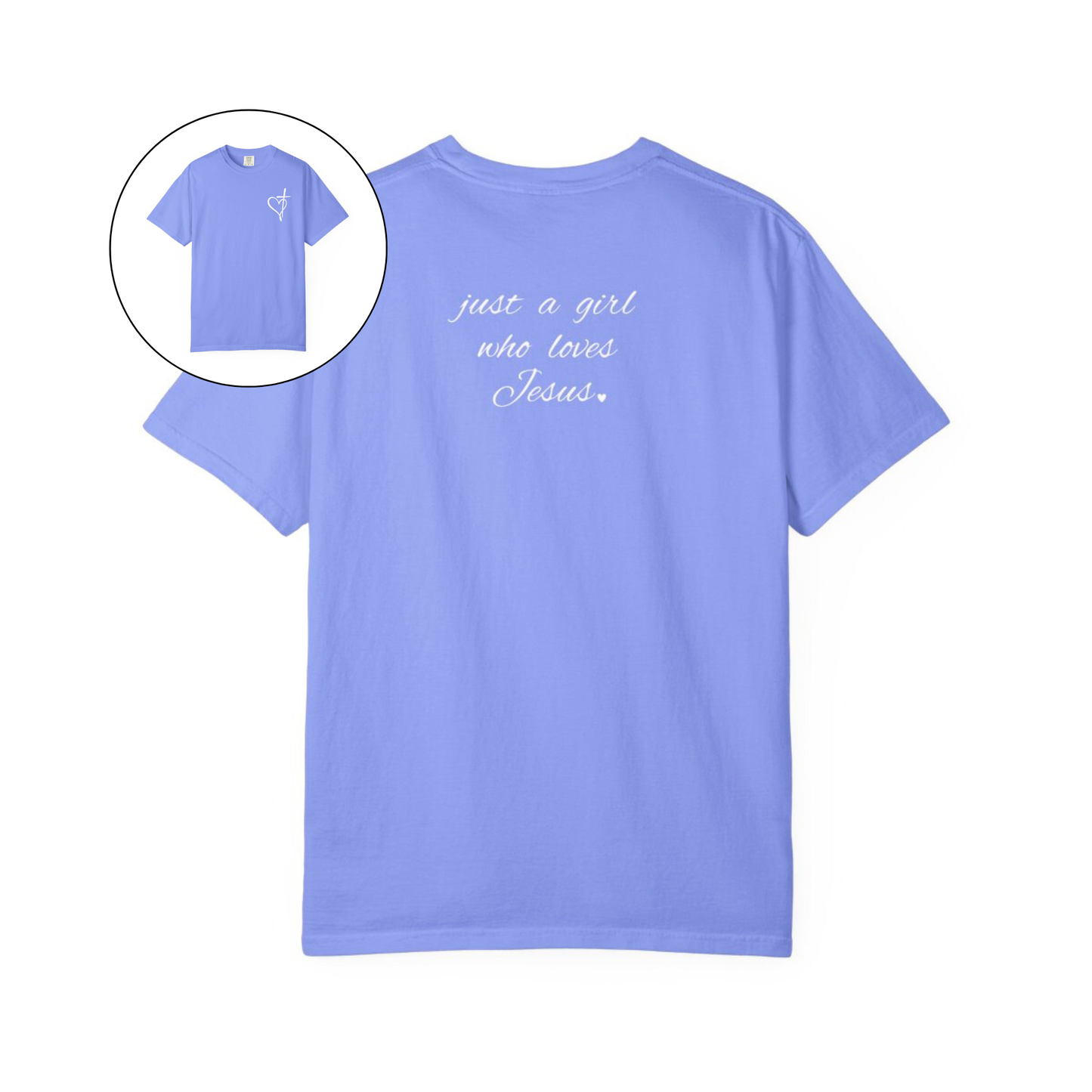 On the front of this custom women's Christian t-shirt is a heart with a cross through it, on the back top of the shirt right between the shoulder blades are the words just a girl who loves Jesus in a cursive writing.