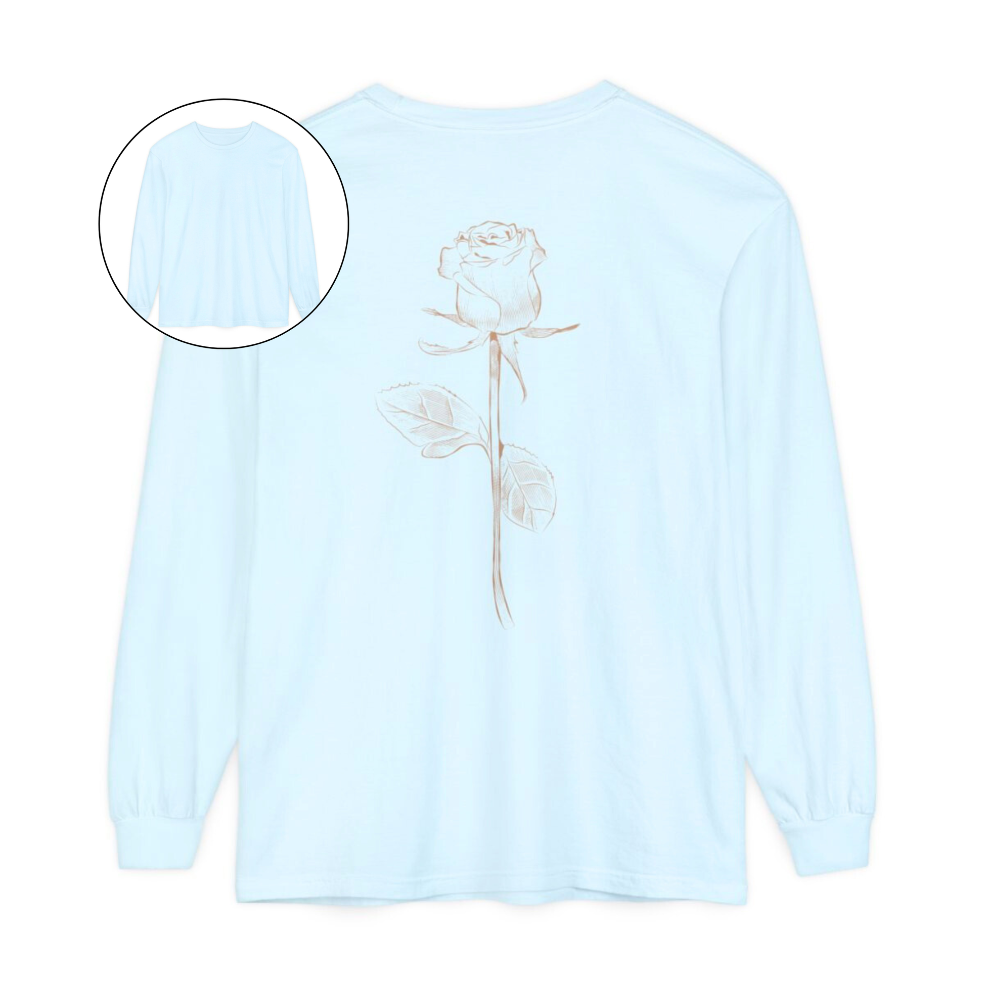 On the back of this custom women's long sleeve tee is a beige colored long stem rose that is the length of the shirt