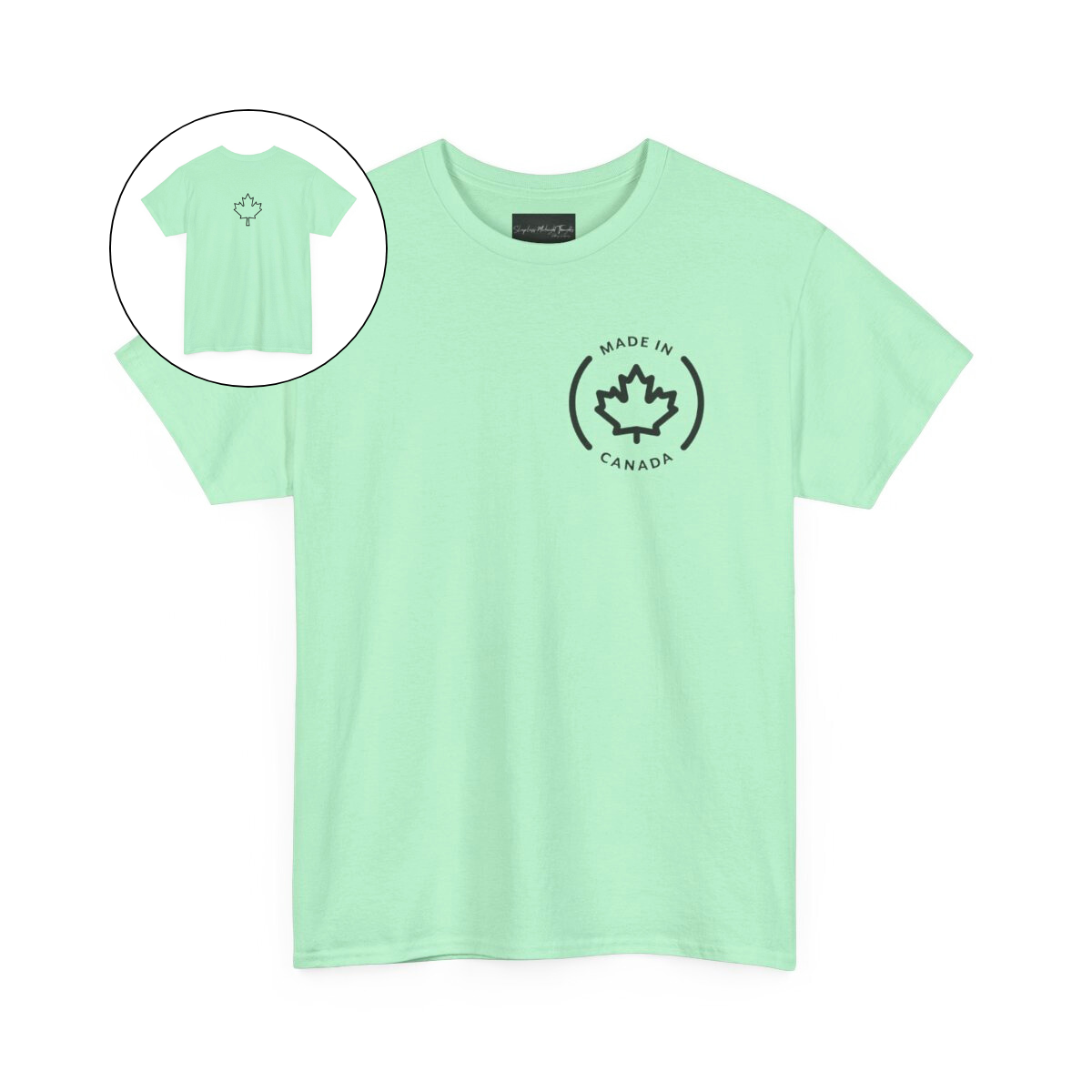 On the front of this custom short sleeve shirt is a circle on the upper left chest of the shirt with the words Made In Canada with a maple leaf in the middle, on the back of the shirt is a maple leaf right in between the shoulder blades.